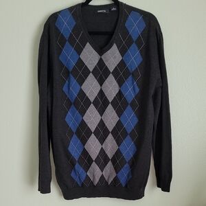 Claiborne Men's V-Neck Argyle Sweater - Blue and Gray